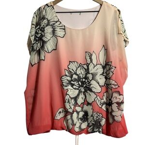 Floral Blouse Womens Large Pink Ombre Rhinestone Chiffon Dolman Sleeve Tunic Top
